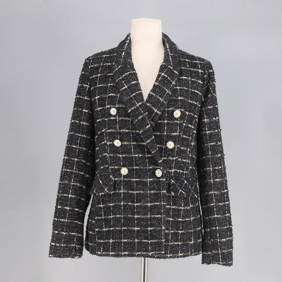 NWT RACHEL ZOE Tweed Double-Breasted Windowpane Blazer Pearl Buttons Size M - Picture 1 of 9